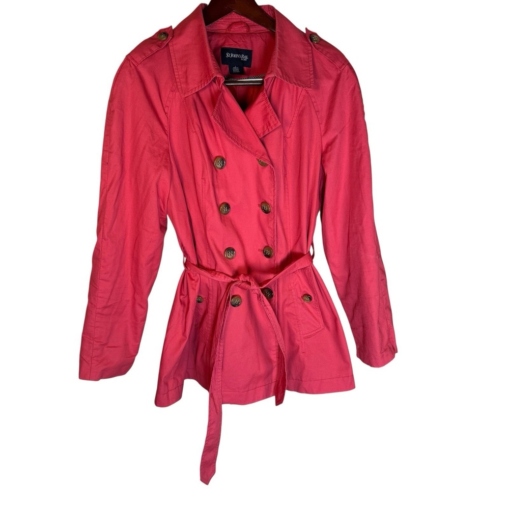 St John's Bay Trench Coat Pink Double-Breasted Lightweight Sz Lg Raincoat Jacket